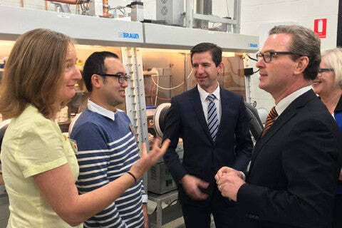 Dr Anne Collins, Dr Herbert Foo, Trajan Scientific and Medical, Senator the Hon Simon Birmingham, the Hon Karen Andrews MP, and the Hon Christopher Pyne MP, Australia.