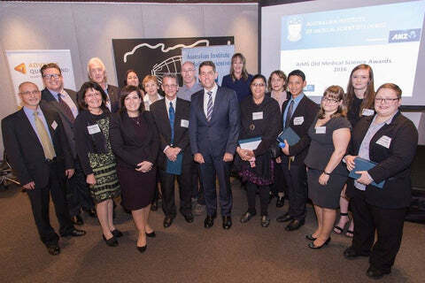 Photo: QLD Minister for Science, Innovation and the Digital Economy the Hon. Leeanne Enoch MP, QLD Minister for Health the Hon. Cameron Dick MP, and QLD Chief Scientist Dr Geoff Garrett AO with our award winners Ms Deborah Orr, Mr Wayne Pederick, Mr Glen Lynch, Dr Indu Singh, Mr Lloyd Magpayo and Ms Kathryn Eckersley. Accompanied by AIMS President Robyn Wells, Chair of the AIMS Queensland Branch Ms Anne-Marie Christensen, Chair of the AIMS Tropical Divison, Dr Donna Rudd, members of the AIMS National Office staff, and Ms Alex Anderson, Regional Account Manager - Northern Region, Trajan Scientific and Medical.