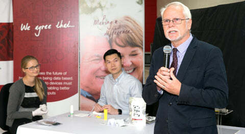 Photo: Demonstration of hemaPEN by Ms Lada Staskova, RMIT Master of Applied Chemistry (by research) student and intern at Murdoch Children’s Research institute (MCRI), and Dr Wei Boon (Jason) Hon, Research Scientist and Blood Lab Manager, Trajan Scientific and Medical; presented by Dr Andrew Gooley, Chief Scientific Officer, Trajan Scientific and Medical.
