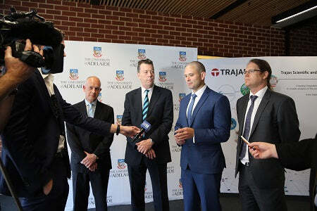 Photo (L-R): Mr Stephen Tomisich, Chief Executive Officer, Trajan Scientific and Medical, Professor Mike Brooks, Deputy Vice-Chancellor (Research), University of Adelaide, The Hon Kyam Maher, Minister for Manufacturing and Innovation, Government of South Australia, and Professor Andre Luiten, Director, Institute for Photonics and Advanced Sensing.